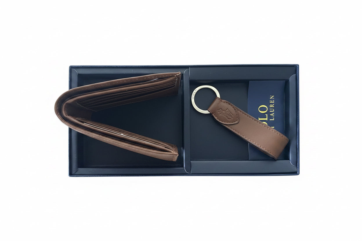 Polo Embossed Heritage Brown Leather Wallet & Keychain Gift Set