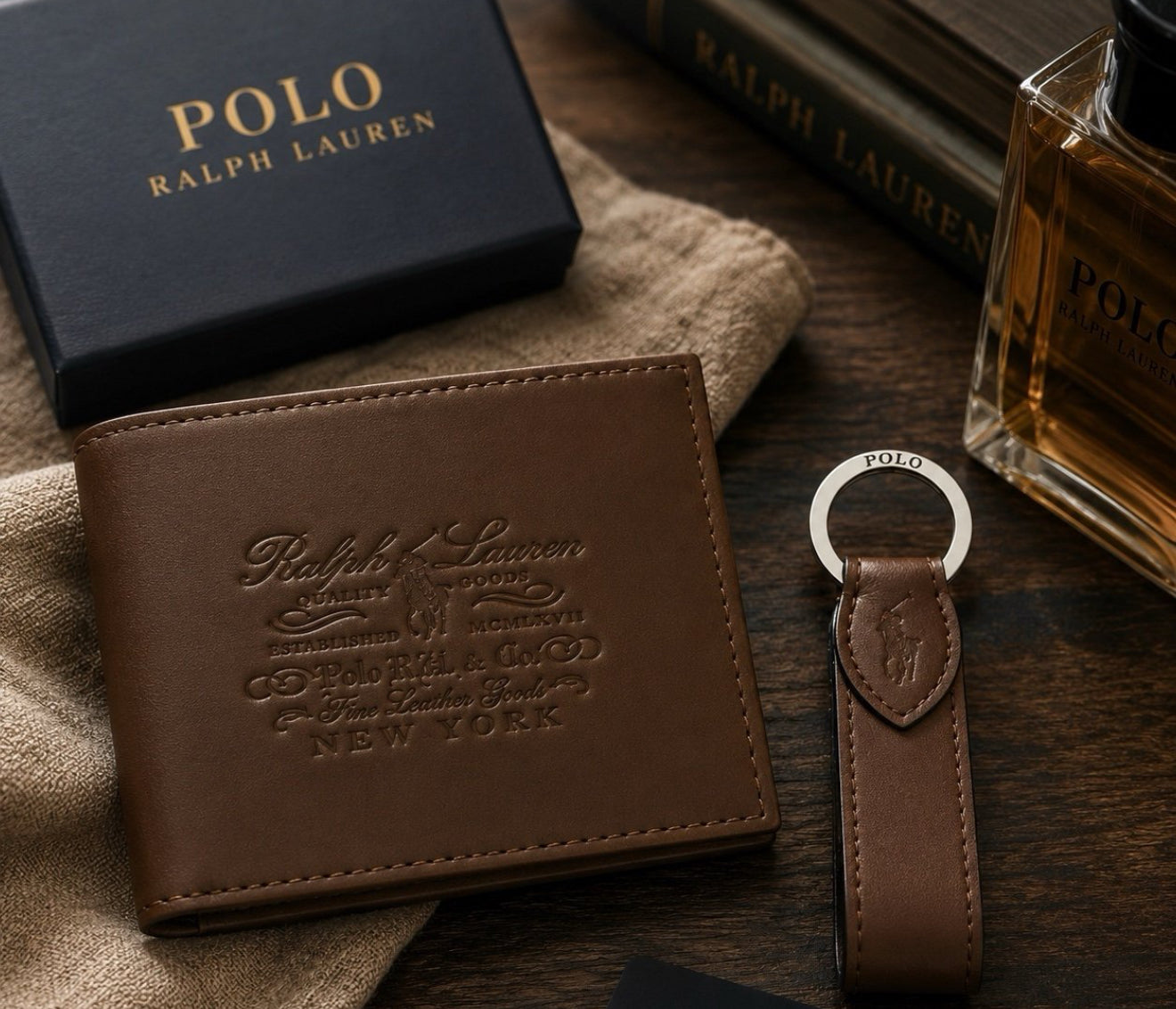 Polo Embossed Heritage Brown Leather Wallet & Keychain Gift Set