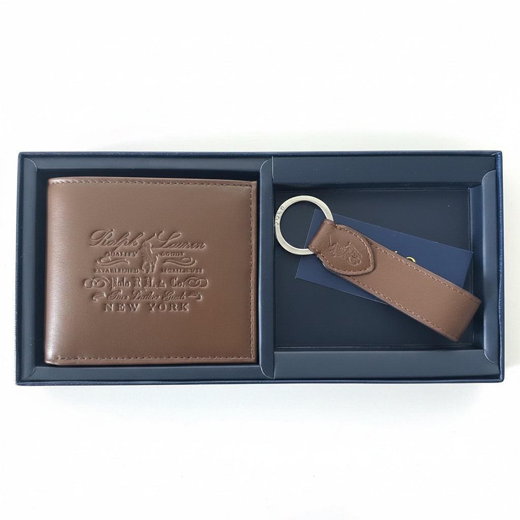 Polo Embossed Heritage Brown Leather Wallet & Keychain Gift Set